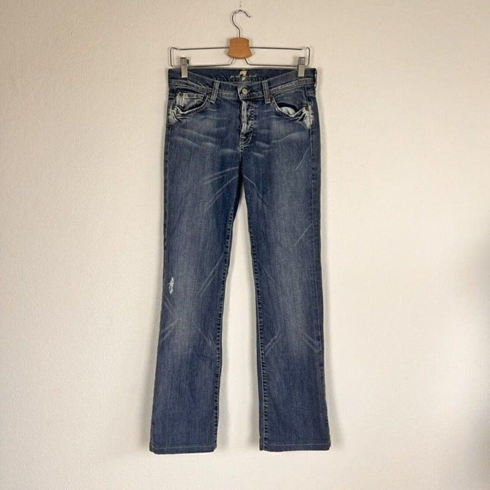 7 For All Mankind Women's Boy-Cut Button-Fly Distressed Medium Wash Denim Jeans